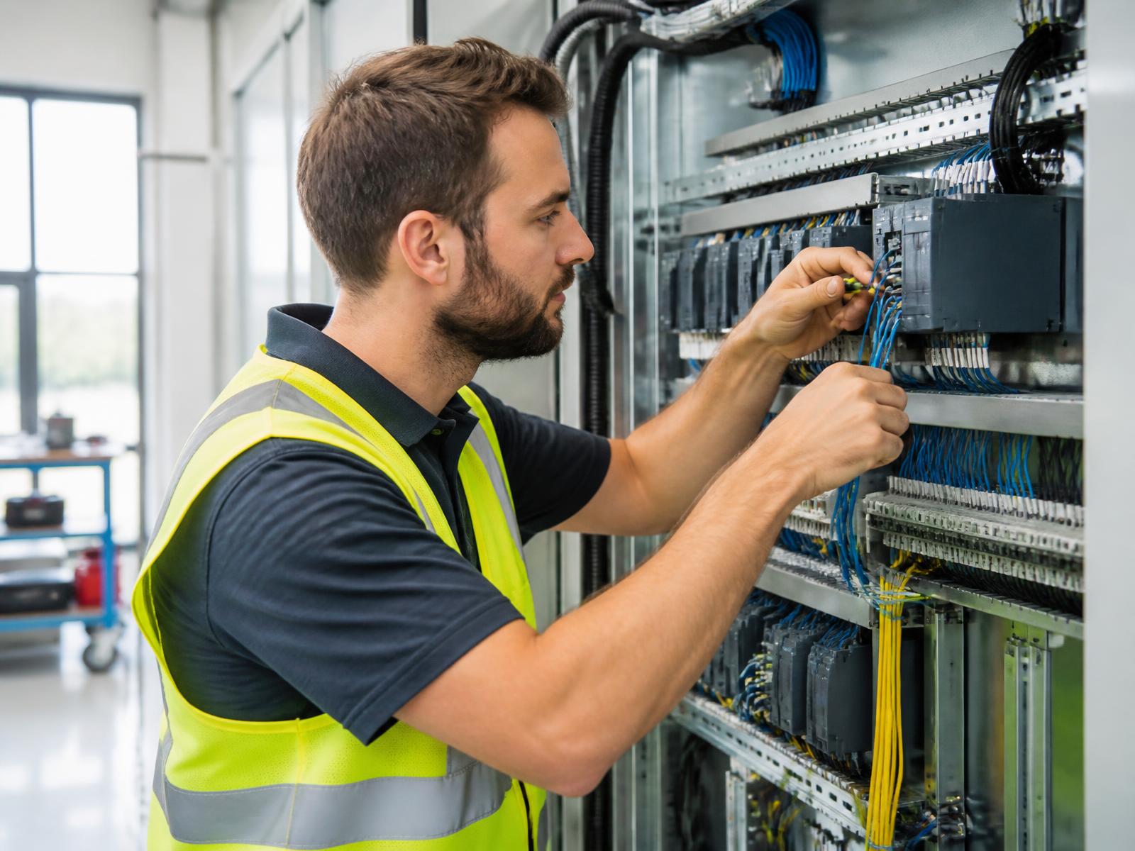Elektriker som arbetar med industriell utrustning
